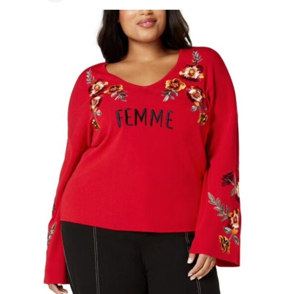 INC International Concepts Red Floral Embroidered Femme Bell Sleeve Sweater XL